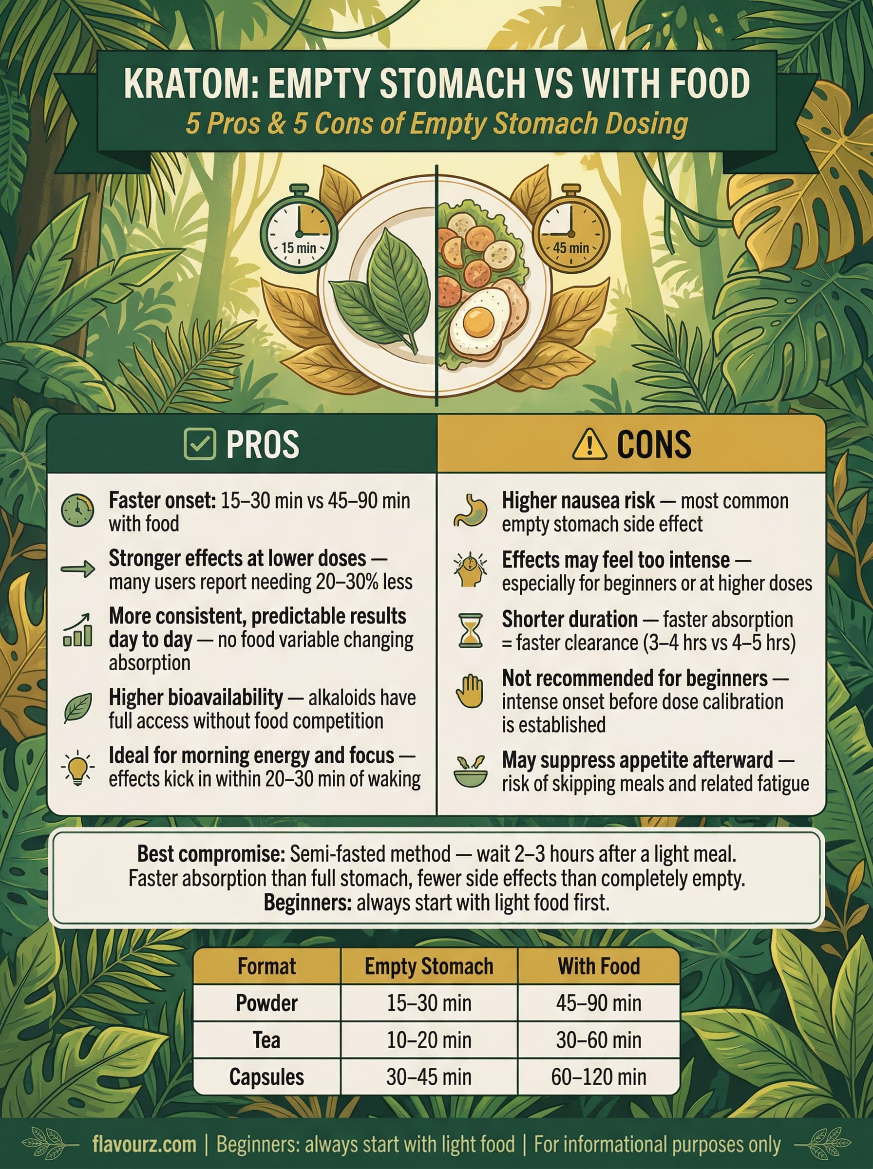 infographic for 5 Pros and cons of Taking Kratom on an Empty Stomach